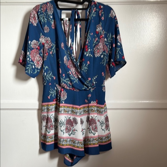 Pants - Floral Blue Romper with tie belt